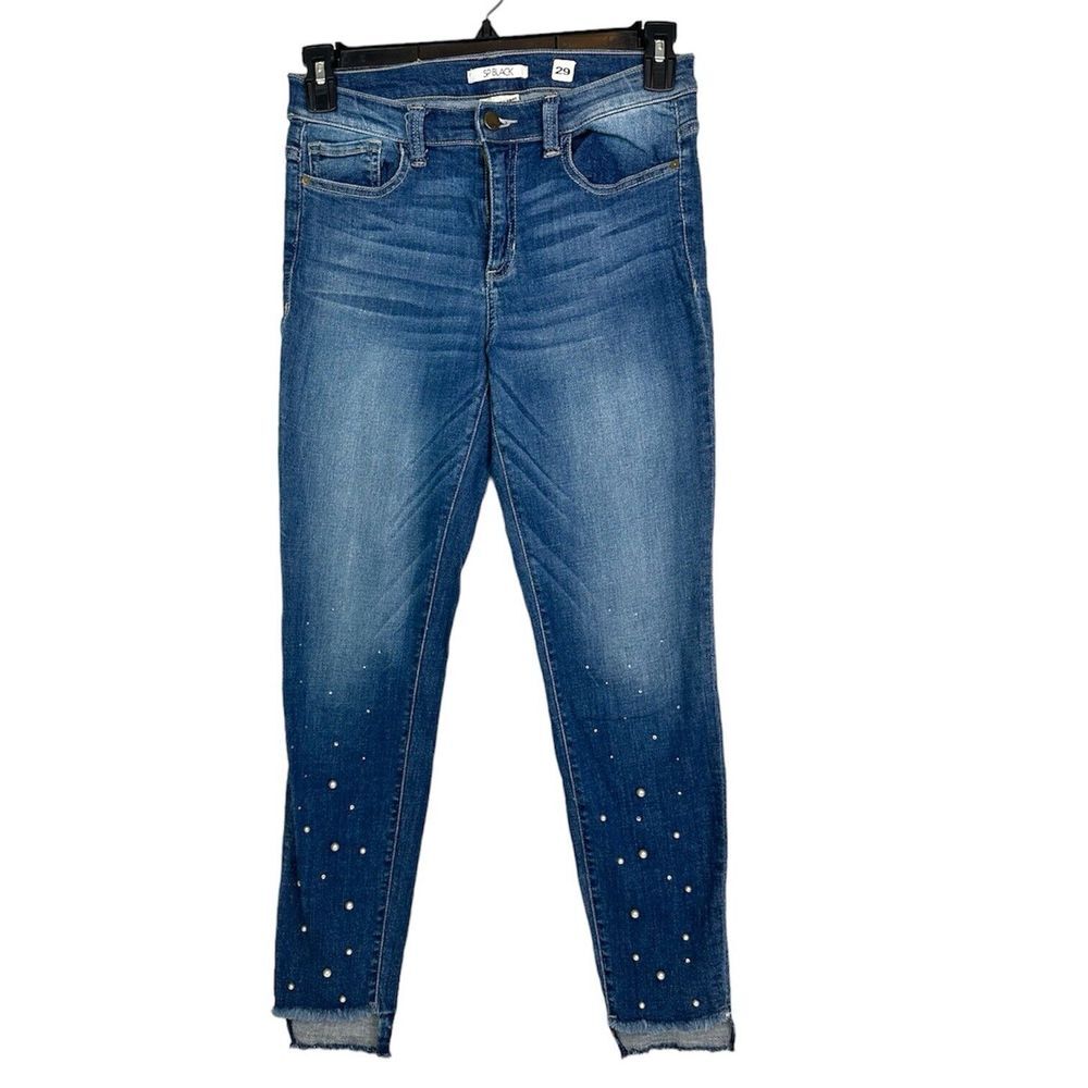 SP Black Label Jeans Women's 29 Skinny Pearl Beads Split Raw Hem Denim‎ Blue